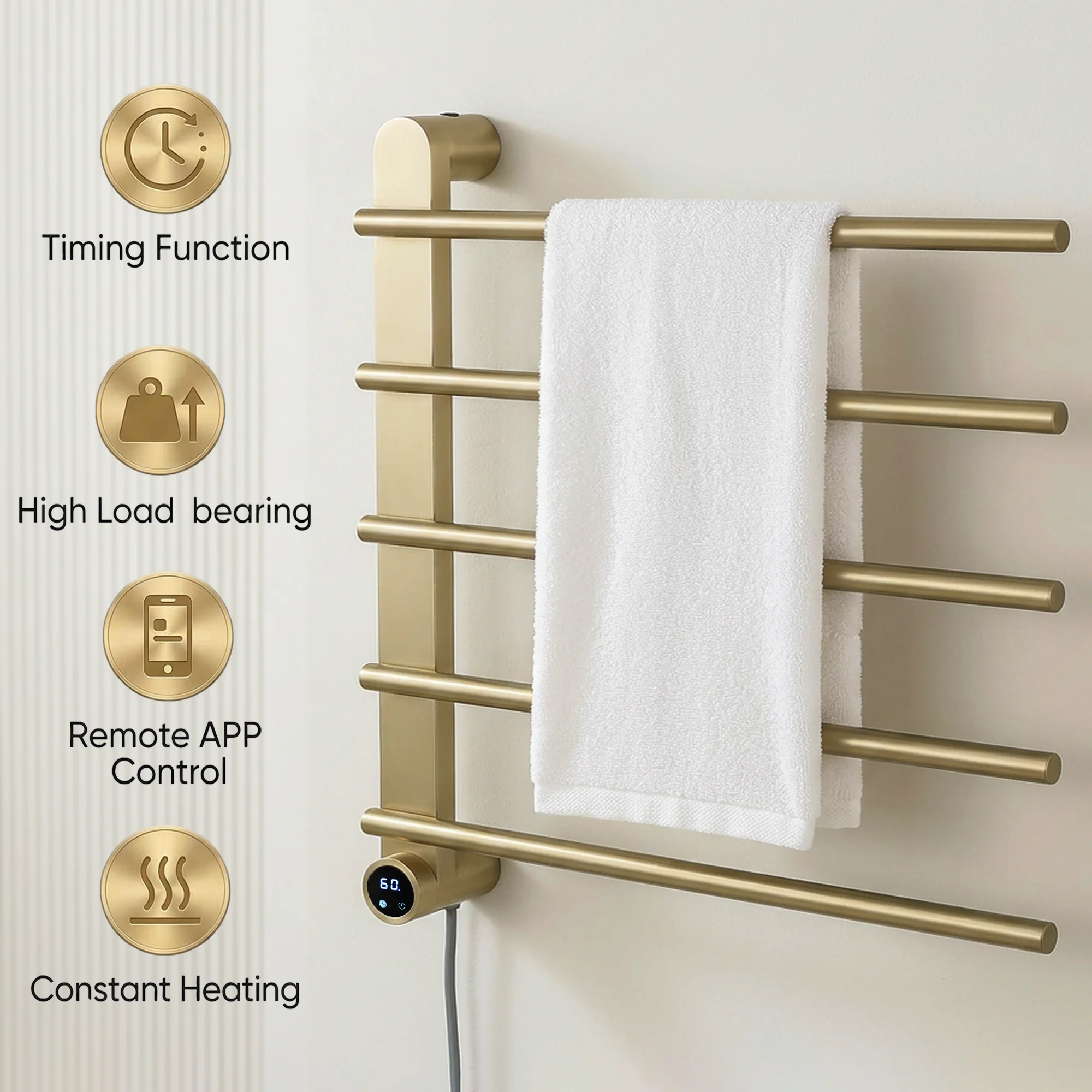 Bathroom Electric Heated Towel Rail Gold Smart Touch Control Towel Warmer Stainless Steel Hidden/Exposed Wires Heated Towel Rack
Bathroom Electric Heated Towel Rail Gold Smart Touch Control Towel Warmer Stainless Steel Hidden/Exposed Wires Heated Towel Rack