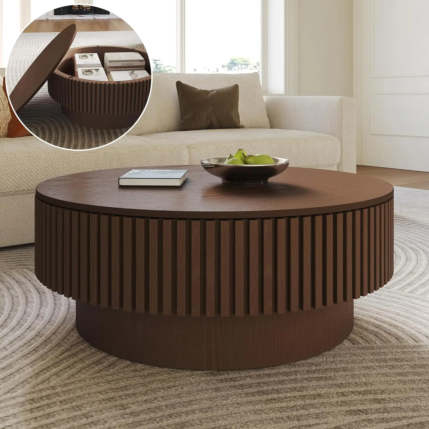 Fluted Wood Coffee Table Storage Drum Base 31.5in Living Room Small Space Walnut,Customized
Fluted Wood Coffee Table Storage Drum Base 31.5in Living Room Small Space Walnut,Customized