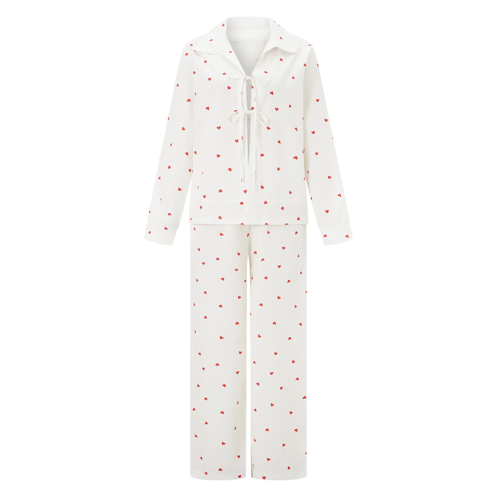 Women Tie-Up Front Pajama Sets Sleepwear Heart Print Long Sleeve Tops + Elastic Waist Loose Pants 2 Pieces Clothes Set
Women Tie-Up Front Pajama Sets Sleepwear Heart Print Long Sleeve Tops + Elastic Waist Loose Pants 2 Pieces Clothes Set