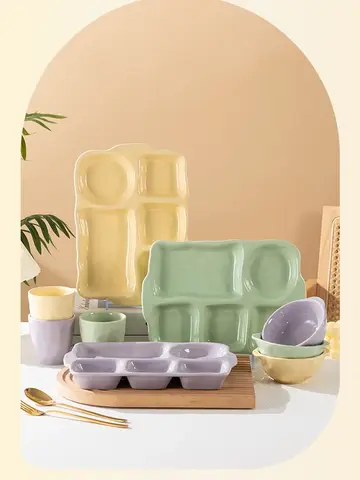 French Style Ceramic Divided Plate Rectangular Shape Weight Loss Dinner Plate for Students Home Use Moon Cake Special Plate