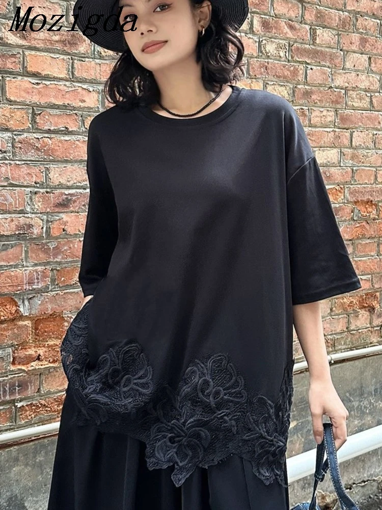 Summer Women Black Hem Lace Spliced Big Size Casual T-shirt New Round Neck Half Sleeve Tide Ladies Tops Camisetas Verano Mujer
Summer Women Black Hem Lace Spliced Big Size Casual T-shirt New Round Neck Half Sleeve Tide Ladies Tops Camisetas Verano Mujer