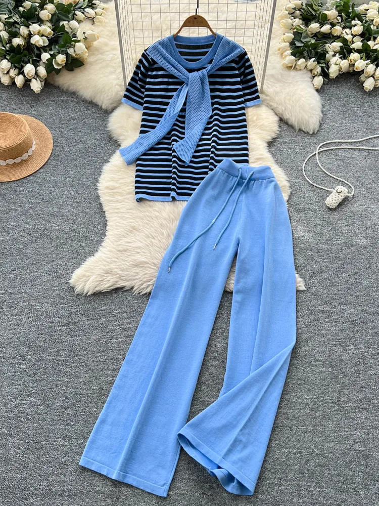 Fashionable Knitted Set Women Summer Sweet Tie Design round Neck Short Sleeve Striped Top High Waist Wide Leg Pants
Fashionable Knitted Set Women Summer Sweet Tie Design round Neck Short Sleeve Striped Top High Waist Wide Leg Pants