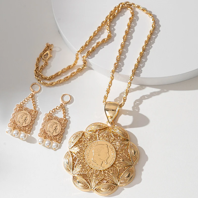 New Gold Plated Earring Necklace Set for Women Napoleon Coin Jewelry Set Middle East Bridal Accesorios
New Gold Plated Earring Necklace Set for Women Napoleon Coin Jewelry Set Middle East Bridal Accesorios