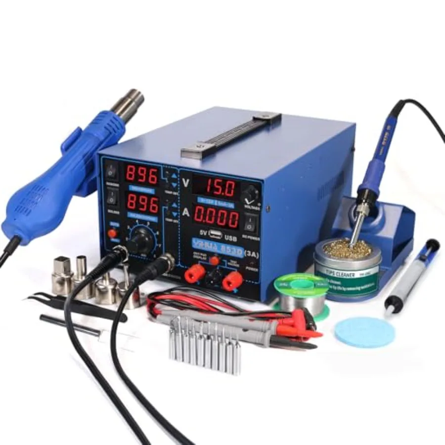 853D USB 3A-Three Tools- Soldering Station, Hot Air Rework Station and Power ply 0~3A, 0-15V with output and test modes. Also º
853D USB 3A-Three Tools- Soldering Station, Hot Air Rework Station and Power ply 0~3A, 0-15V with output and test modes. Also º