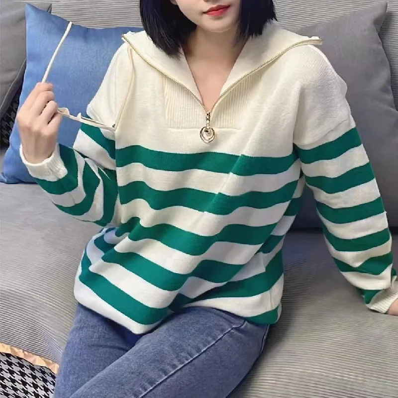 Trendy Women's Sweater. Striped. Half-Zip. Lazy. Loose Turn-Down Collar. Korean Style Dropped Shoulder
Trendy Women's Sweater. Striped. Half-Zip. Lazy. Loose Turn-Down Collar. Korean Style Dropped Shoulder