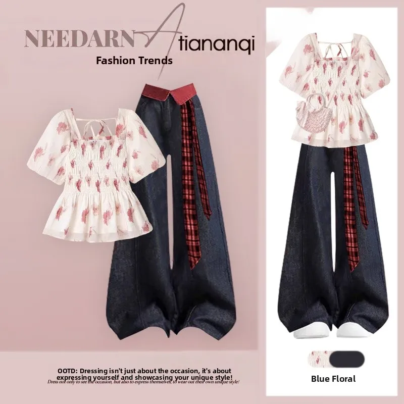 Summer Sweet Style Women's High Waist Slimming Denim Shirt And Pants Two-Piece Set Fashionable Floral Print Short Sleeve Shirt
Summer Sweet Style Women's High Waist Slimming Denim Shirt And Pants Two-Piece Set Fashionable Floral Print Short Sleeve Shirt