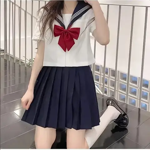Hot Japanese School Uniform Girl Jk Suit Sexy Spring and Autumn Red Tie White Three Basic Sailor Uniform Women Long Sleeve Suit