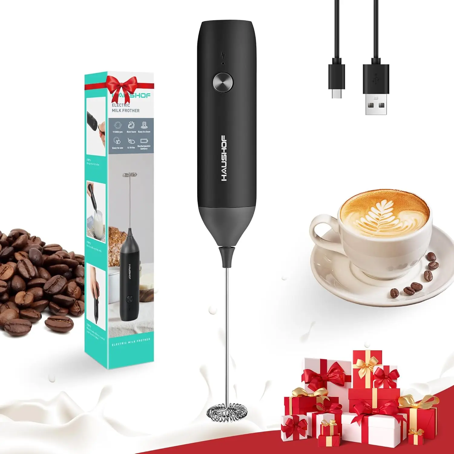Rechargeable Milk Frother Wand, Handheld Electric Foam Maker, USB-C, 11000 RPM, Stainless Steel Whisk for Coffee Latte, Cappuccino, Matcha, Black
Rechargeable Milk Frother Wand, Handheld Electric Foam Maker, USB-C, 11000 RPM, Stainless Steel Whisk for Coffee Latte, Cappuccino, Matcha, Black