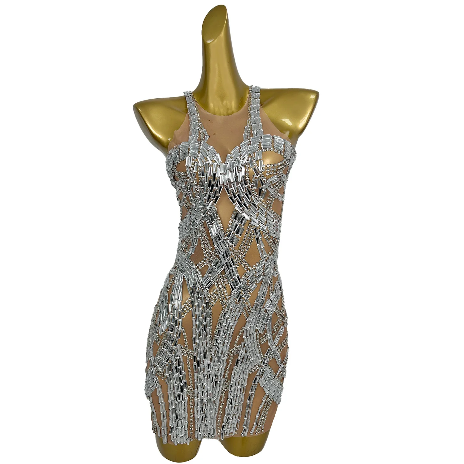 Sparkling Silver Rhinestone Sleeveless Dress Sexy Mesh Transparent Tight Skirt Nightclub Club Holiday Party Dress tianqiao
Sparkling Silver Rhinestone Sleeveless Dress Sexy Mesh Transparent Tight Skirt Nightclub Club Holiday Party Dress tianqiao