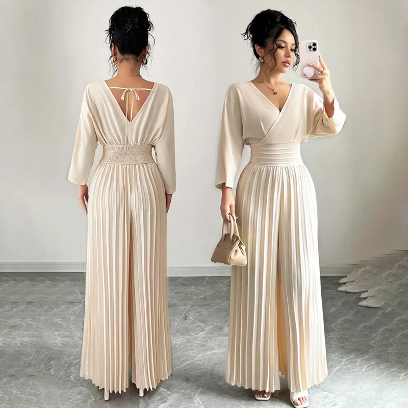 Women's Elegant Wrap V-Neck Pleated Wide Leg Pants Set Long Sleeve Elastic Waist Two Piece Outfit Vacation Resort Wear
Women's Elegant Wrap V-Neck Pleated Wide Leg Pants Set Long Sleeve Elastic Waist Two Piece Outfit Vacation Resort Wear
