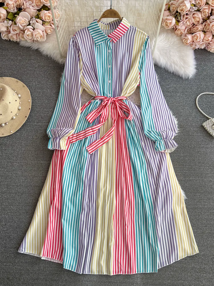 Spring Autumn Vintage Elegant Fashion Single Breasted Long Sleeved Lapel Striped Dress Spring Party Vacation Midi Robe vestidos
Spring Autumn Vintage Elegant Fashion Single Breasted Long Sleeved Lapel Striped Dress Spring Party Vacation Midi Robe vestidos