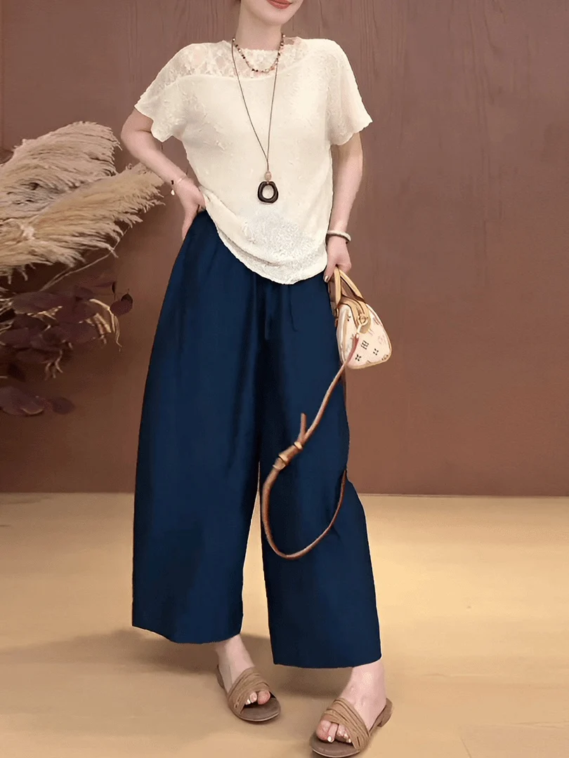 Summer Lace Splice Pleated Short Sleeve T-Shirt Top High Waist Wide Leg Pants Two Piece Set Women's Fashion Design Sensation
Summer Lace Splice Pleated Short Sleeve T-Shirt Top High Waist Wide Leg Pants Two Piece Set Women's Fashion Design Sensation