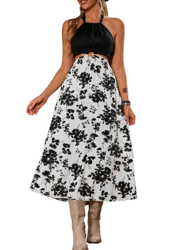 Womens Dresses 2025 Summer Black and White Floral Print Patchwork Casual Neck Hanging Backless Lace Up High Waist Vacation Dress
Womens Dresses 2025 Summer Black and White Floral Print Patchwork Casual Neck Hanging Backless Lace Up High Waist Vacation Dress