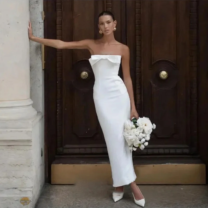 Simple Satin Wedding Dresses Strapless Backless Slim Ankle-Length Wedding Dresses with Bow knot For Wedding Bridesmaid Birthday
Simple Satin Wedding Dresses Strapless Backless Slim Ankle-Length Wedding Dresses with Bow knot For Wedding Bridesmaid Birthday