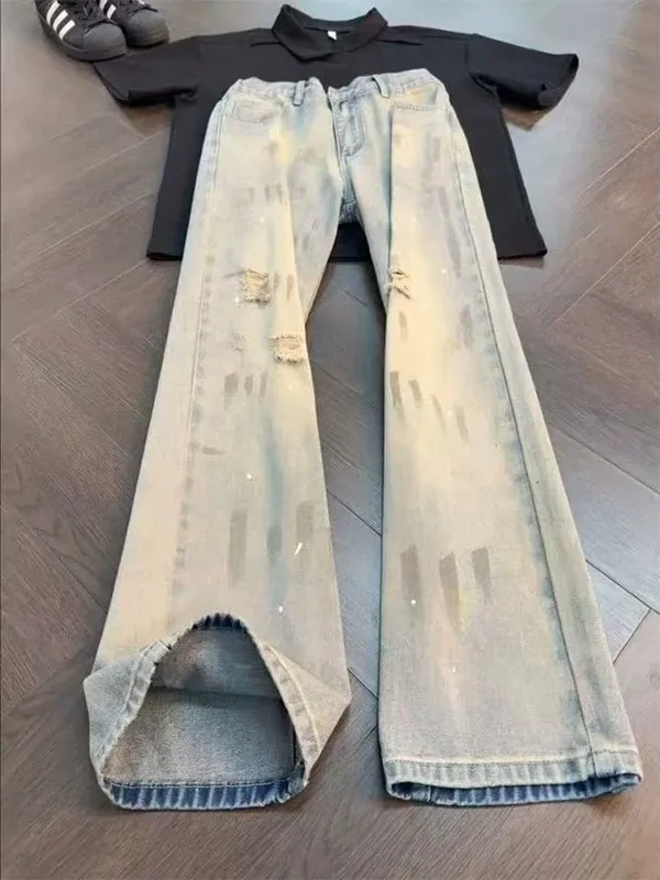 Retro American Dyed Spray Ink Hole Jeans Men's CleanFit Straight Leg Narrow Micro Flare Casual Jeans Water Washed Denim Pants
Retro American Dyed Spray Ink Hole Jeans Men's CleanFit Straight Leg Narrow Micro Flare Casual Jeans Water Washed Denim Pants