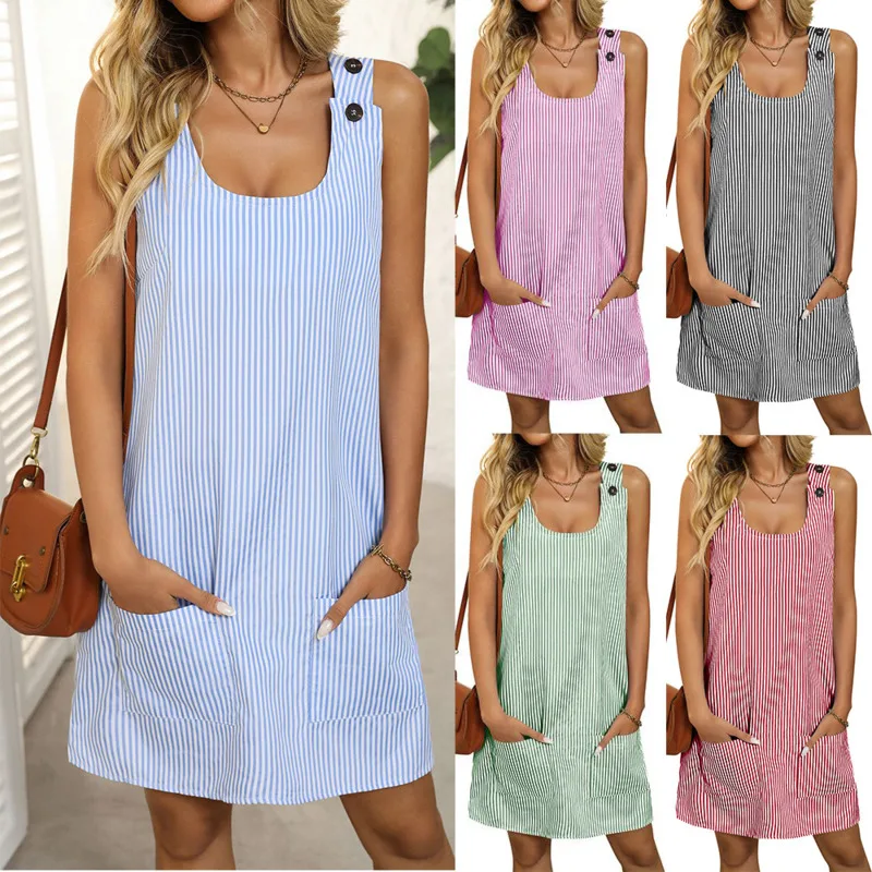 Fashion Printed Striped Button Strap Loose Women's Dresses 2025 Summer New Casual Pocket Female Vest Holiday Short Dress
Fashion Printed Striped Button Strap Loose Women's Dresses 2025 Summer New Casual Pocket Female Vest Holiday Short Dress