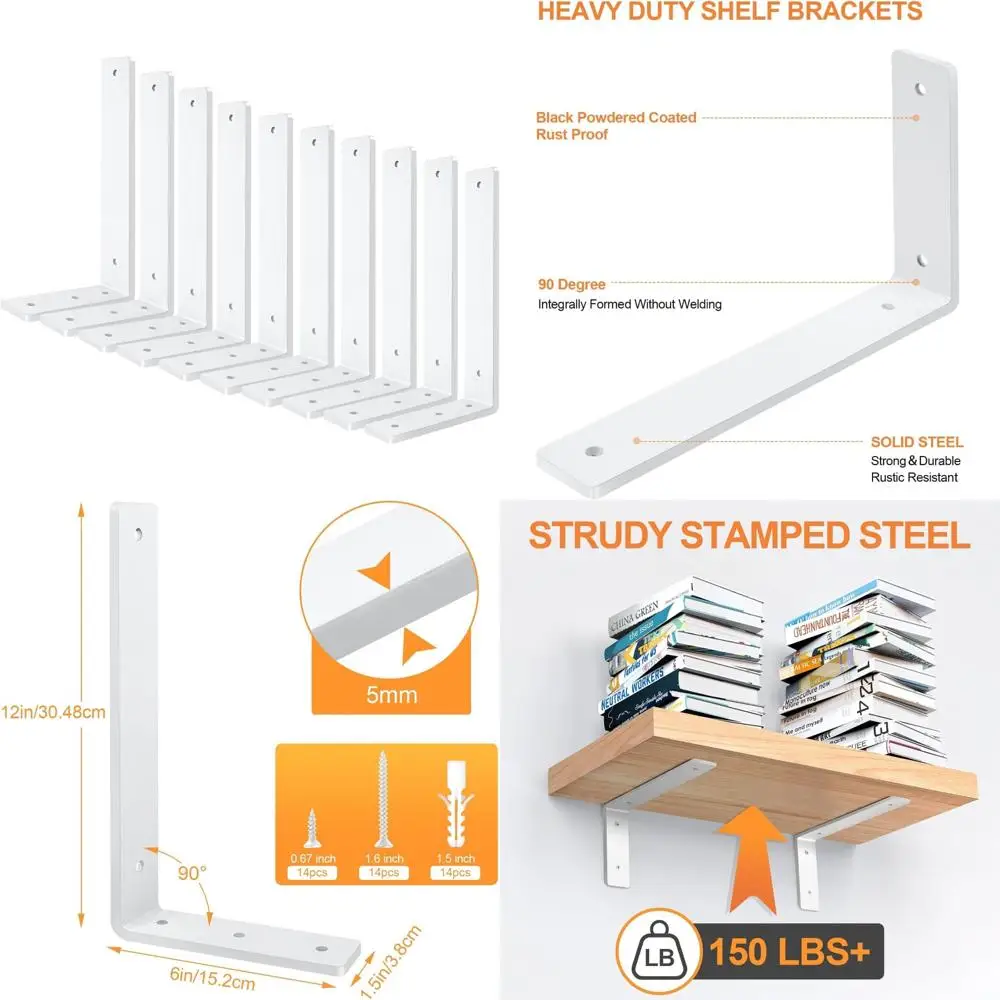 Heavy Duty 12 Inch Black Wall Shelf Brackets, 10 Pack for DIY Decorative Floating Shelves, Mounting Included
Heavy Duty 12 Inch Black Wall Shelf Brackets, 10 Pack for DIY Decorative Floating Shelves, Mounting Included
