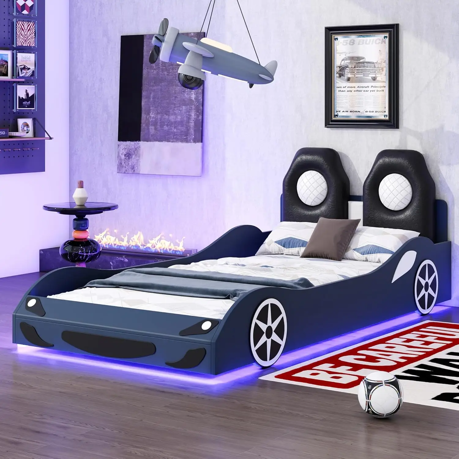 Twin Size Race Car Shaped Platform Bed with LED and Upholstered Backrest, Kids Car Bed Frame with Safety Guardrails, Wooden
Twin Size Race Car Shaped Platform Bed with LED and Upholstered Backrest, Kids Car Bed Frame with Safety Guardrails, Wooden