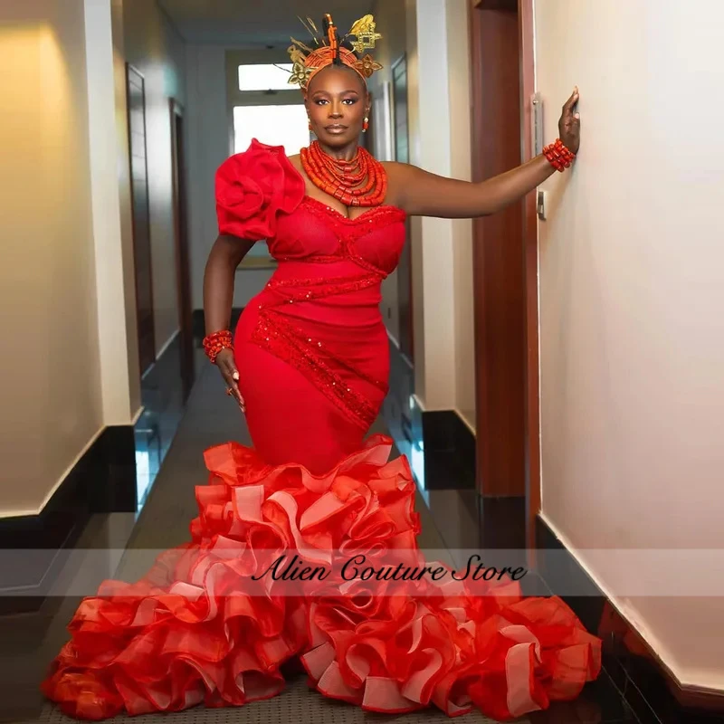 Christmas Red Mermaid Prom Dress One Shoulder plus Size Evening Party Gown with Ruffles Bottom for African Women
Christmas Red Mermaid Prom Dress One Shoulder plus Size Evening Party Gown with Ruffles Bottom for African Women