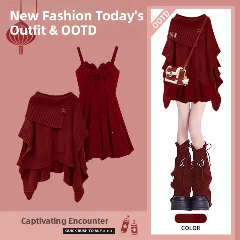 Winter Fashion Women's Knitted Sweater Dress Set New Year Red Slimming Dress Elegant Sweet Style Long Sleeve Student Uniform
Winter Fashion Women's Knitted Sweater Dress Set New Year Red Slimming Dress Elegant Sweet Style Long Sleeve Student Uniform