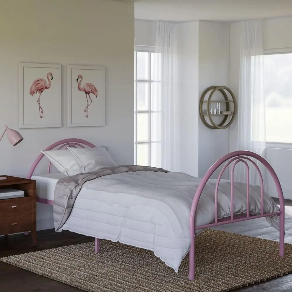 Pink Twin Size Metal Bed for Kids, Rounded Design, Supports 300 lbs, No Box Spring Needed
Pink Twin Size Metal Bed for Kids, Rounded Design, Supports 300 lbs, No Box Spring Needed