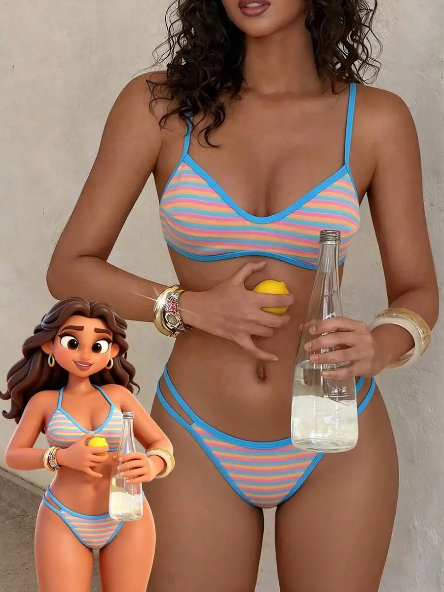 2pcs Women Colorful Striped Textured Camisole Bikini Set Casual Vacation Swimwear For Beach Photo Shoot Spring Summer
2pcs Women Colorful Striped Textured Camisole Bikini Set Casual Vacation Swimwear For Beach Photo Shoot Spring Summer