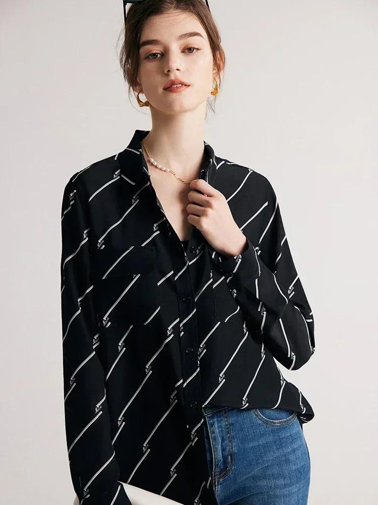 Women Stripes Shirts 100%Silk Crepe De Chine Single Breasted Black Chic Blouses 2023 Spring Summer Office Lady Top
Women Stripes Shirts 100%Silk Crepe De Chine Single Breasted Black Chic Blouses 2023 Spring Summer Office Lady Top