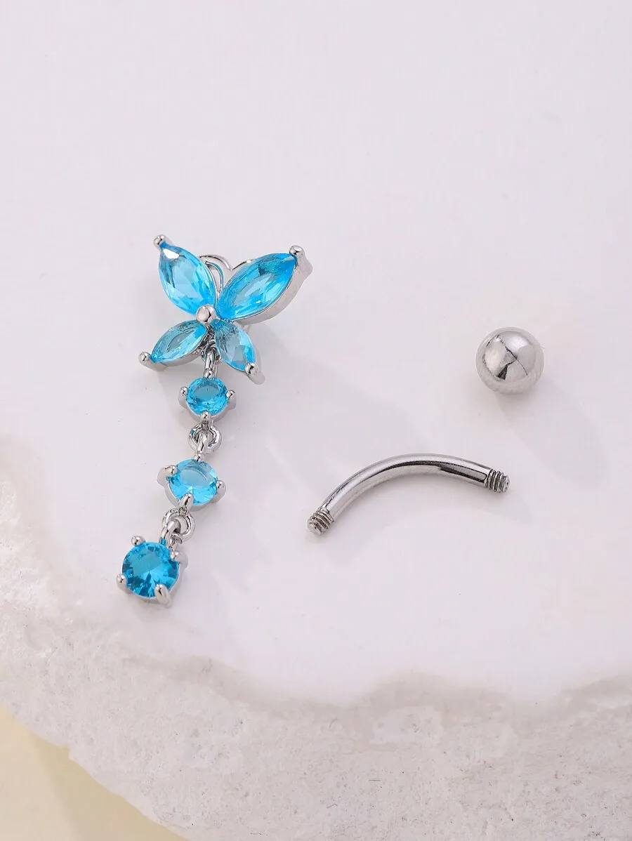 Stainless Steel Butterfly Navel Ring With Four Blue Zirconia Stones, Dangling Floral Design For Casual Wear
Stainless Steel Butterfly Navel Ring With Four Blue Zirconia Stones, Dangling Floral Design For Casual Wear