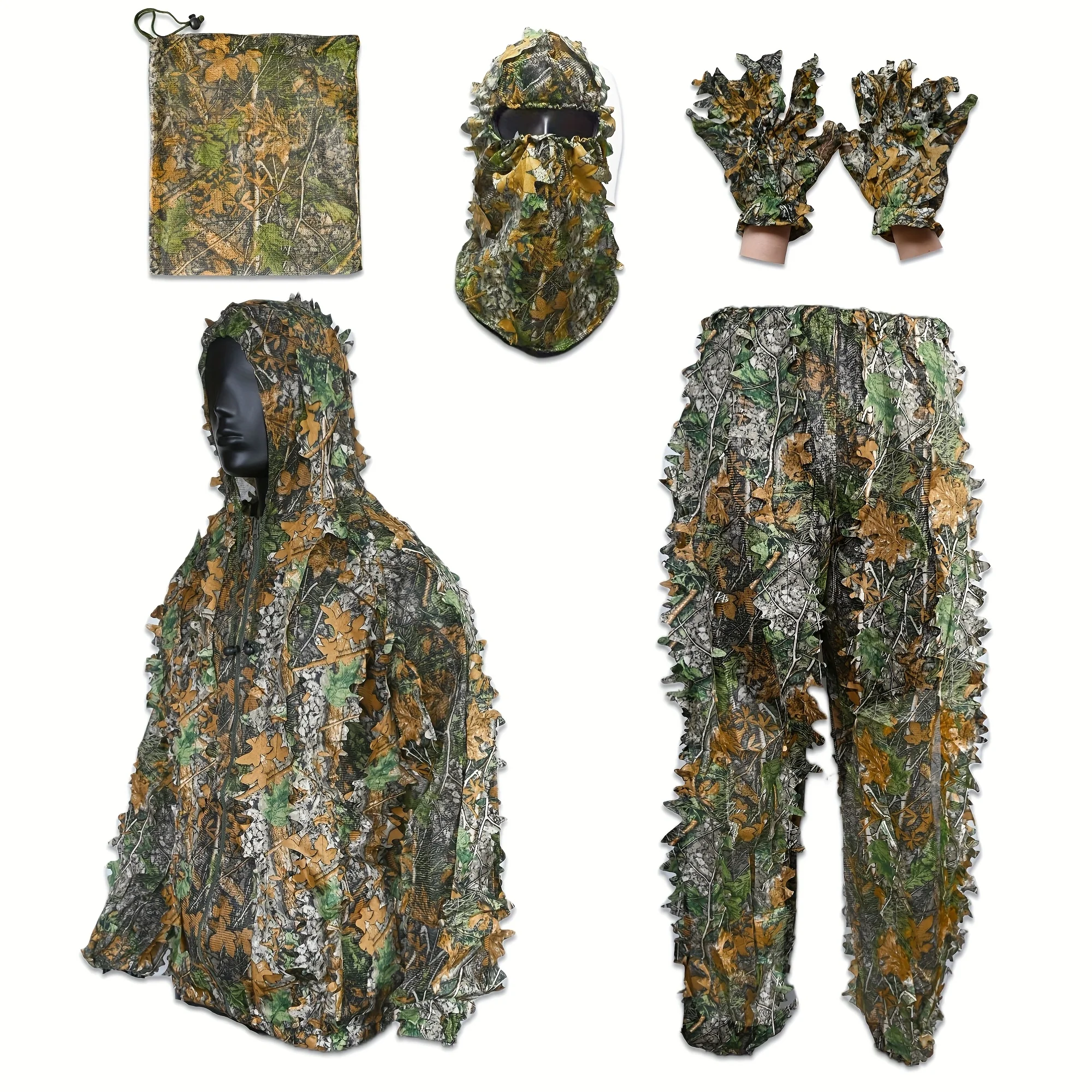 5-in-1 Men's Camouflage Suit, Lightweight Hooded Outdoor Leaf Camouflage Ghillie Suit, Breathable Hunting Suit
5-in-1 Men's Camouflage Suit, Lightweight Hooded Outdoor Leaf Camouflage Ghillie Suit, Breathable Hunting Suit