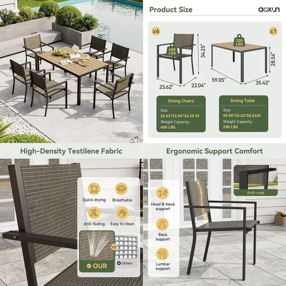 7Piece Patio Table and Chairs Set for 6, All Weather Outdoor Dining Set with 6 Textilene Chairs and 1 Rectangular Metal Table,
7Piece Patio Table and Chairs Set for 6, All Weather Outdoor Dining Set with 6 Textilene Chairs and 1 Rectangular Metal Table,