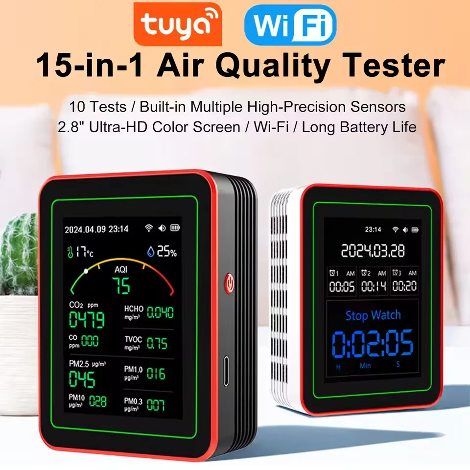 Tuya WiFi 15-в-1 детектор качества воздуха APP Control портативный тестер AQI PM0.3 PM1.0 PM2.5 PM10 бытовой тестер CO CO2 TVOC HCHO
Tuya WiFi 15-в-1 детектор качества воздуха APP Control портативный тестер AQI PM0.3 PM1.0 PM2.5 PM10 бытовой тестер CO CO2 TVOC HCHO