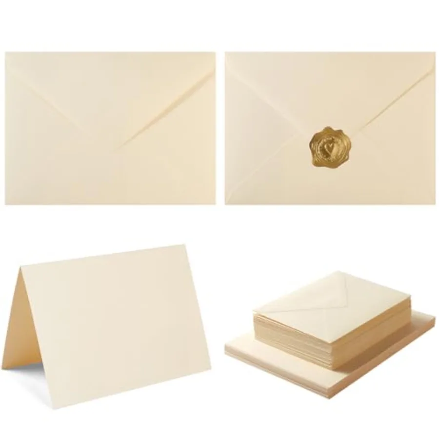 50 Pack Cream A6 Envelopes with Cards and Gold Stickers, 4x6 With Thick Folded Cardstock, For Greeting Cards, Wedding, Birthday
50 Pack Cream A6 Envelopes with Cards and Gold Stickers, 4x6 With Thick Folded Cardstock, For Greeting Cards, Wedding, Birthday