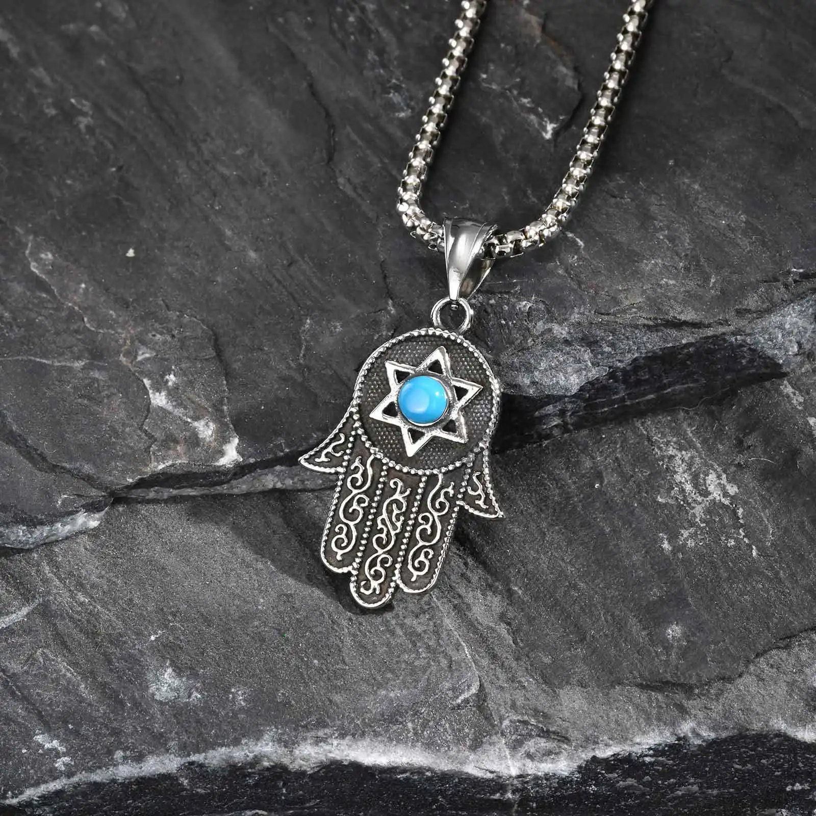 Vintage Fatima Hand Necklace for Men Boys Unique Stainless Steel Hexagram Turquoise Pendant Punk Fashion Forward Jewelry Gift
Vintage Fatima Hand Necklace for Men Boys Unique Stainless Steel Hexagram Turquoise Pendant Punk Fashion Forward Jewelry Gift