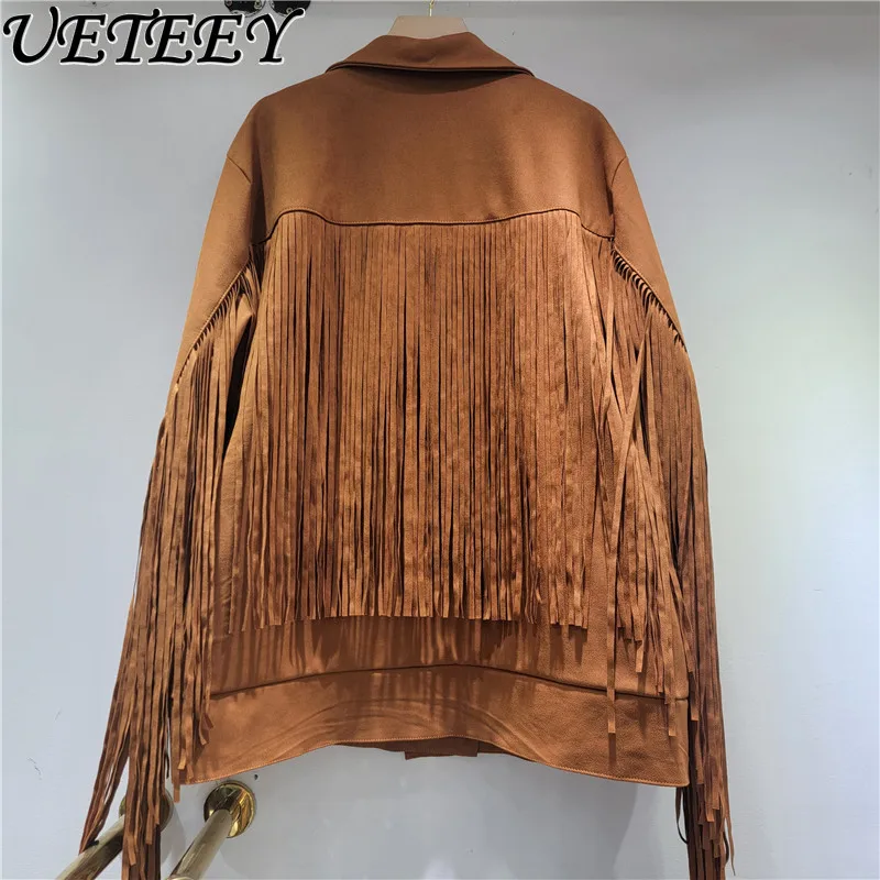 Уличная одежда в стиле ретро, замшевый пиджак с бахромой, пальто для женщин, осенний новый нишевый дизайн, двубортная свободная повседневная куртка, модные пальто 
Уличная одежда в стиле ретро, замшевый пиджак с бахромой, пальто для женщин, осенний новый нишевый дизайн, двубортная свободная повседневная куртка, модные пальто