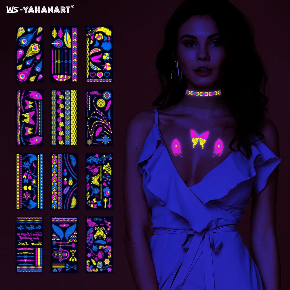 4Sheet Neon UV Blacklight Tattoos Glow in The Dark Party Supplies Waterproof Body Face Fake Tattoos Women Woman Rave Accessories
4Sheet Neon UV Blacklight Tattoos Glow in The Dark Party Supplies Waterproof Body Face Fake Tattoos Women Woman Rave Accessories