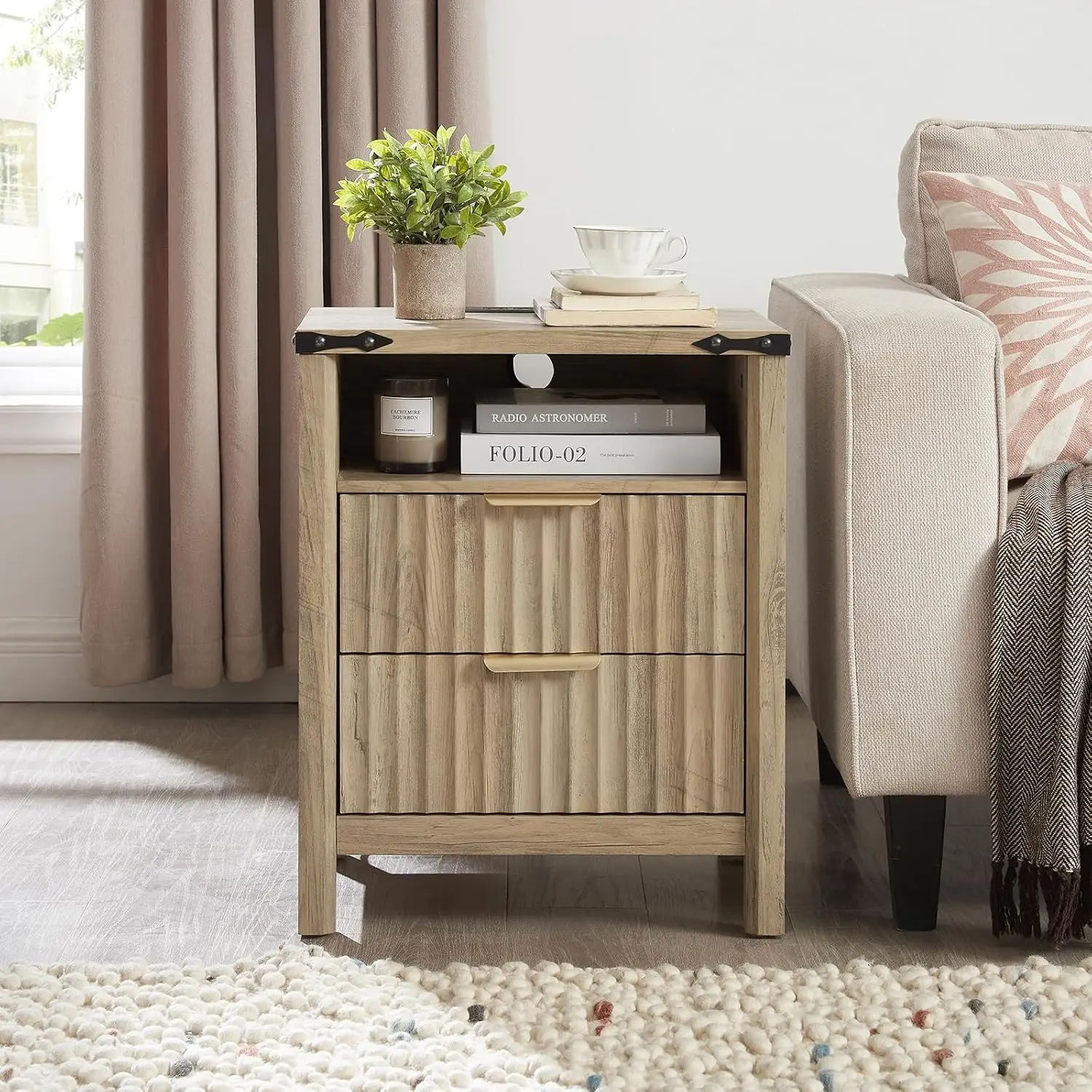 Brown Nightstand with Charging Station - 20 Inch Wide Farmhouse Fluted Bedside Table with 2 Drawers, Modern Wood End Side Table
Brown Nightstand with Charging Station - 20 Inch Wide Farmhouse Fluted Bedside Table with 2 Drawers, Modern Wood End Side Table