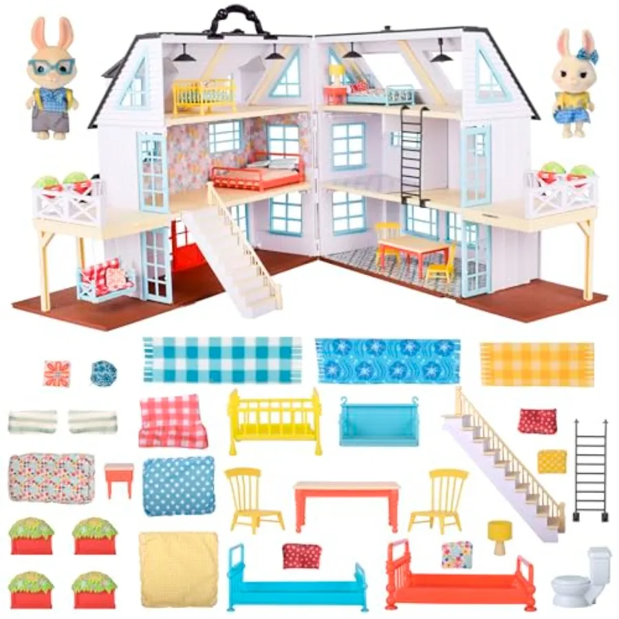 Dollhouse playset for pretend play, farmhouse-themed, wood and plastic materials, beige and yellow colors, includes 49 accessor
Dollhouse playset for pretend play, farmhouse-themed, wood and plastic materials, beige and yellow colors, includes 49 accessor