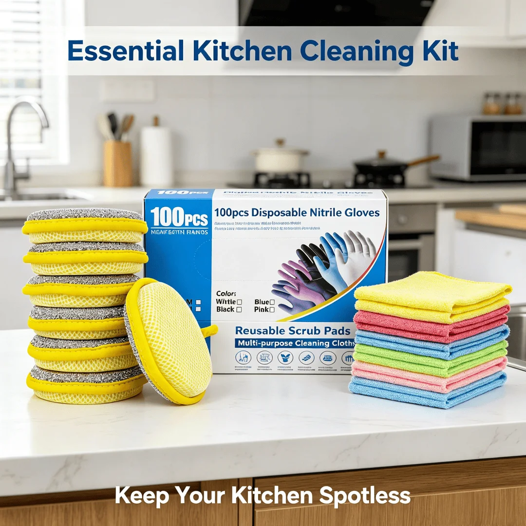 Kitchen Cleaning Essentials Kit: 100PCS Disposable Nitrile Gloves, 10 Double-Sided Scrub Pads & 10 Microfiber Cloths, Complete Set for Sink, Dishes, and Countertop Cleaning
Kitchen Cleaning Essentials Kit: 100PCS Disposable Nitrile Gloves, 10 Double-Sided Scrub Pads & 10 Microfiber Cloths, Complete Set for Sink, Dishes, and Countertop Cleaning