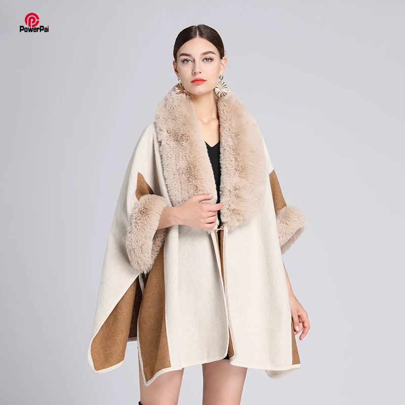 Fashion Wide Faux Fur Lapel Contrast Color Wool Blend Coat Cape Women Autumn Winter Outerwear Long Poncho Party Travel Cloak
Fashion Wide Faux Fur Lapel Contrast Color Wool Blend Coat Cape Women Autumn Winter Outerwear Long Poncho Party Travel Cloak
