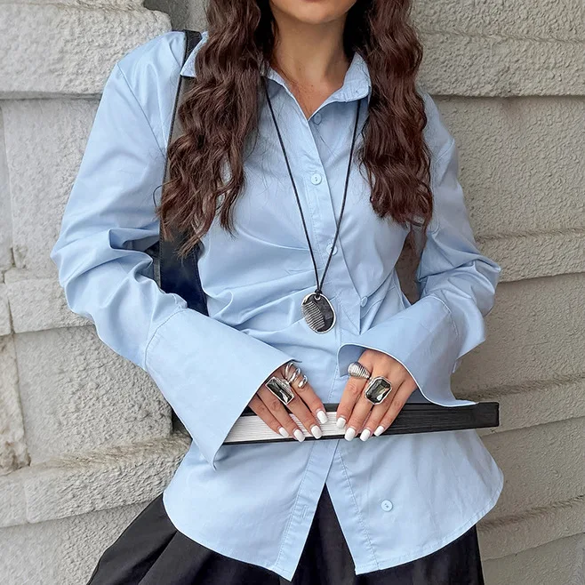 Spring Autumn Cotton Women Shirts Trendy Slim Fit Waist Tie Slit Hem Long Sleeve Blouses
Spring Autumn Cotton Women Shirts Trendy Slim Fit Waist Tie Slit Hem Long Sleeve Blouses