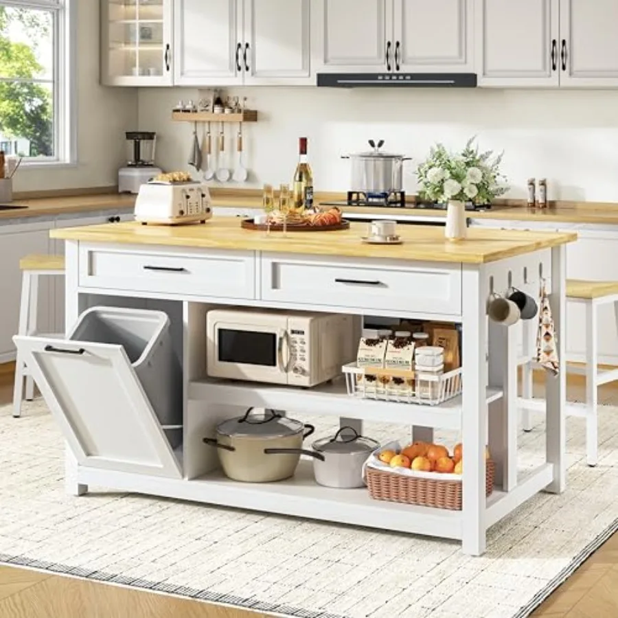 Kitchen Island with Storage and Seating Include 2 Bar Stools, 47" Solid Rubberwood Top Kitchen Island with Trash Can Storage, P
Kitchen Island with Storage and Seating Include 2 Bar Stools, 47" Solid Rubberwood Top Kitchen Island with Trash Can Storage, P