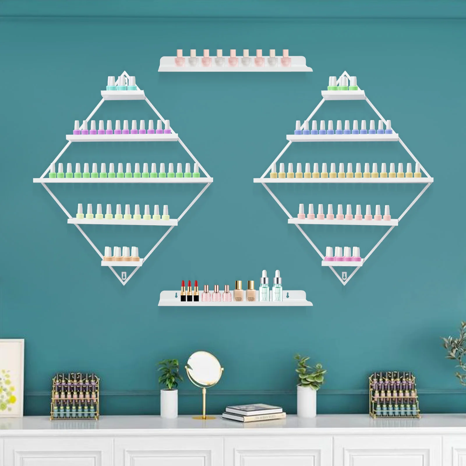 5-Tier Rhombus Nail Polish Rack Set(2 Rhombus Racks+2 Horizontal Bars), Wall-Mounted Storage Display Rack for Nail Polish, White
5-Tier Rhombus Nail Polish Rack Set(2 Rhombus Racks+2 Horizontal Bars), Wall-Mounted Storage Display Rack for Nail Polish, White