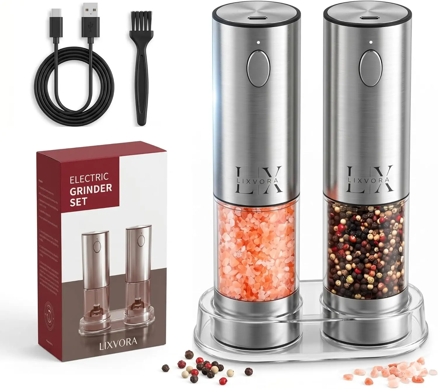 Rechargeable Electric Salt and Pepper Grinder Set, Stainless Steel, Adjustable Coarseness, LED Light, One-Hand Operation
Rechargeable Electric Salt and Pepper Grinder Set, Stainless Steel, Adjustable Coarseness, LED Light, One-Hand Operation