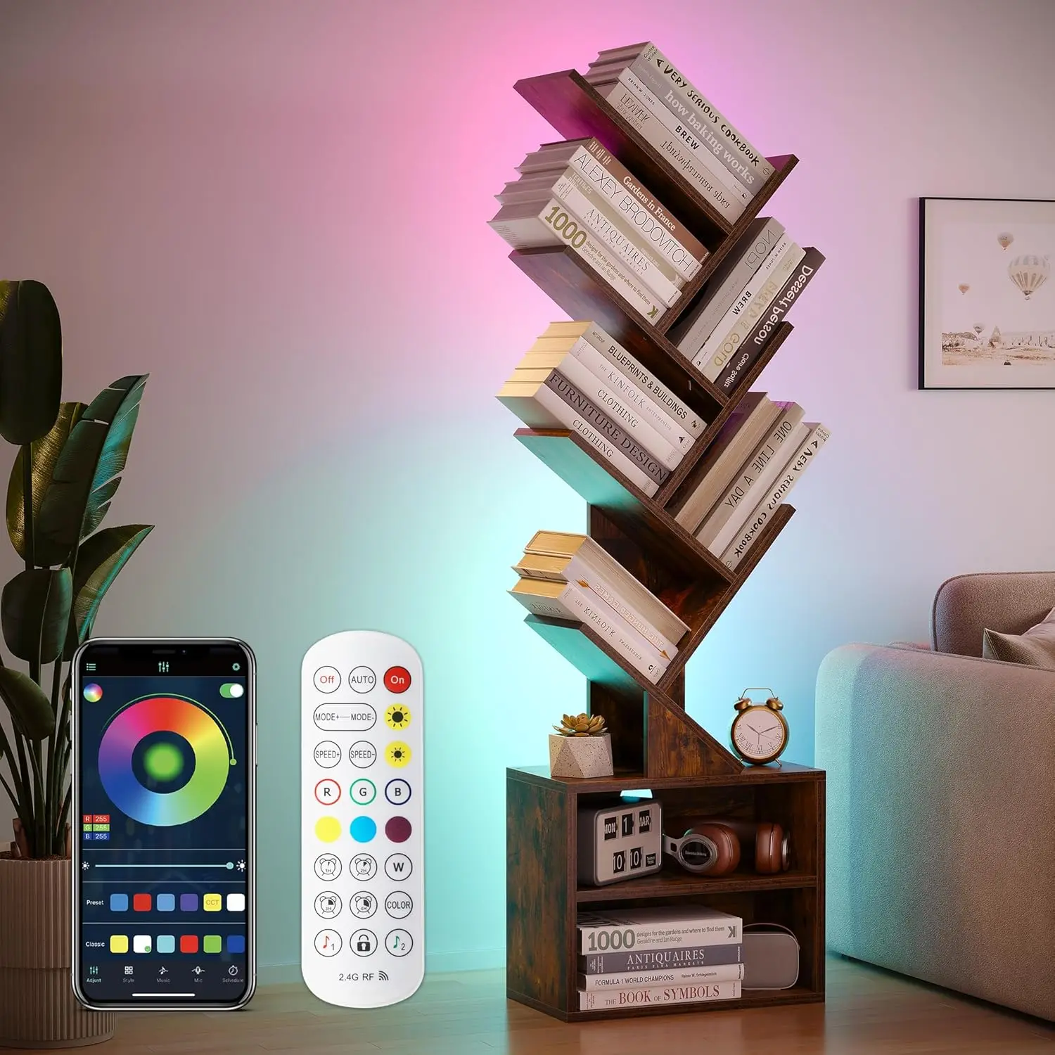 6 Tier Tree Bookshelf with LED Lights, Tall Bookcase for Small Spaces, Floor Standing Corner Shelf for Living Room, Bedroom & Home Office
6 Tier Tree Bookshelf with LED Lights, Tall Bookcase for Small Spaces, Floor Standing Corner Shelf for Living Room, Bedroom & Home Office