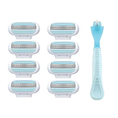 Damenrasierer aus Edelstahl, Haarschneider, Rasierer, Gesichtsrasierer mit Sicherheitsabdeckung, 8-Klingen-Nachfüllungen und 1 Messergriff