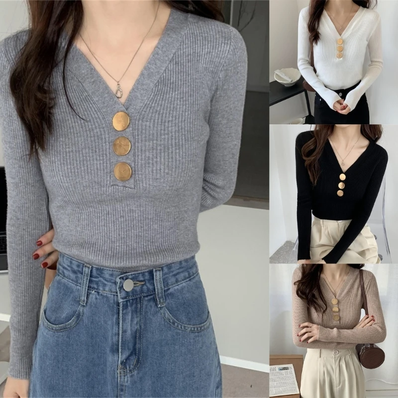 Women Ribbed V Neck Knitted Sweater Autumn Winter Casual Long Sleeve Pullover Tops Girls Sexy Button Decor Solid Color Shirt
Women Ribbed V Neck Knitted Sweater Autumn Winter Casual Long Sleeve Pullover Tops Girls Sexy Button Decor Solid Color Shirt