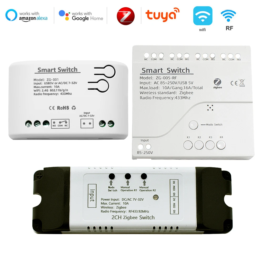 Zigbee 3.0 Tuya Smart Relay Switch Беспроводной модуль WiFi Радиочастотное управление 433 МГц 5-32 В 220 В 110 В 10 А для Alexa Google Home
Zigbee 3.0 Tuya Smart Relay Switch Беспроводной модуль WiFi Радиочастотное управление 433 МГц 5-32 В 220 В 110 В 10 А для Alexa Google Home