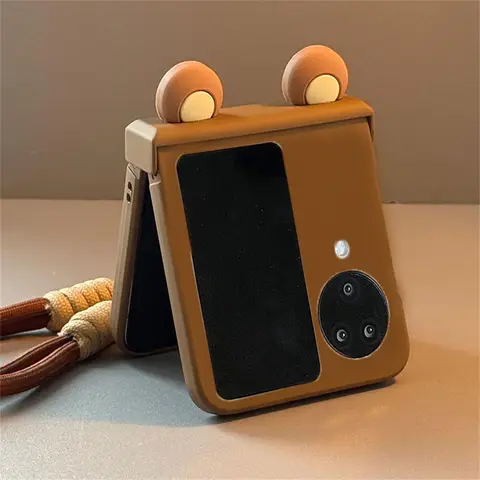 New Sweet Korean Bear Ears Brown Case with Portable Rope for OPPO Find N2 FliP Find N3 Flip Shockproof Cover