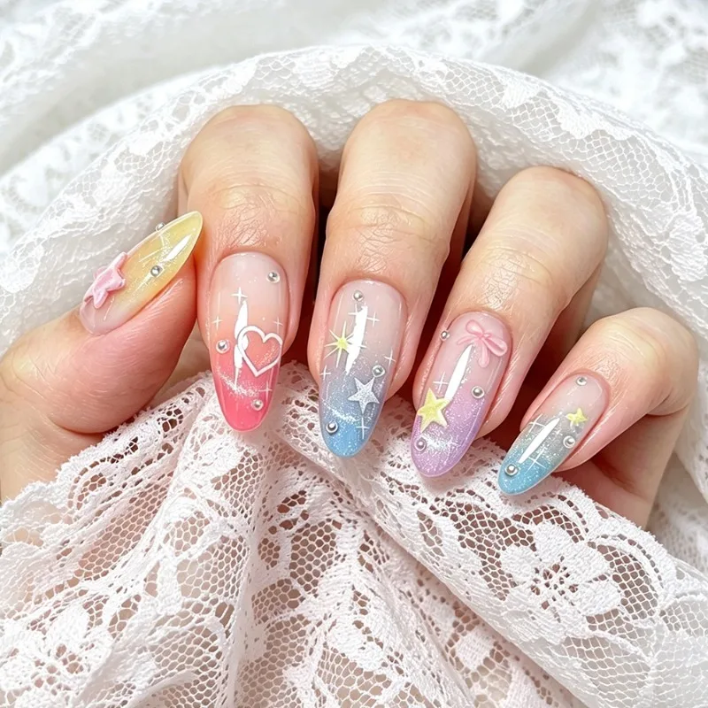 24PCS Colorful Almond Stick on False Nails Rainbow Gradient Aurora Cat Eye French Sweet Star Fake Nails Cute 3D Bowknot Nail Art
24PCS Colorful Almond Stick on False Nails Rainbow Gradient Aurora Cat Eye French Sweet Star Fake Nails Cute 3D Bowknot Nail Art