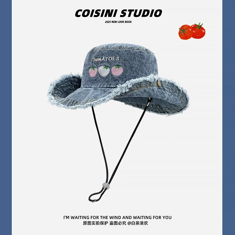 High Quality Sweet Tomato Embroidery Washed Denim Bucket Hat Womens Spring and Summer Big Brim Sun Hat Western Cowboy Cap
High Quality Sweet Tomato Embroidery Washed Denim Bucket Hat Womens Spring and Summer Big Brim Sun Hat Western Cowboy Cap